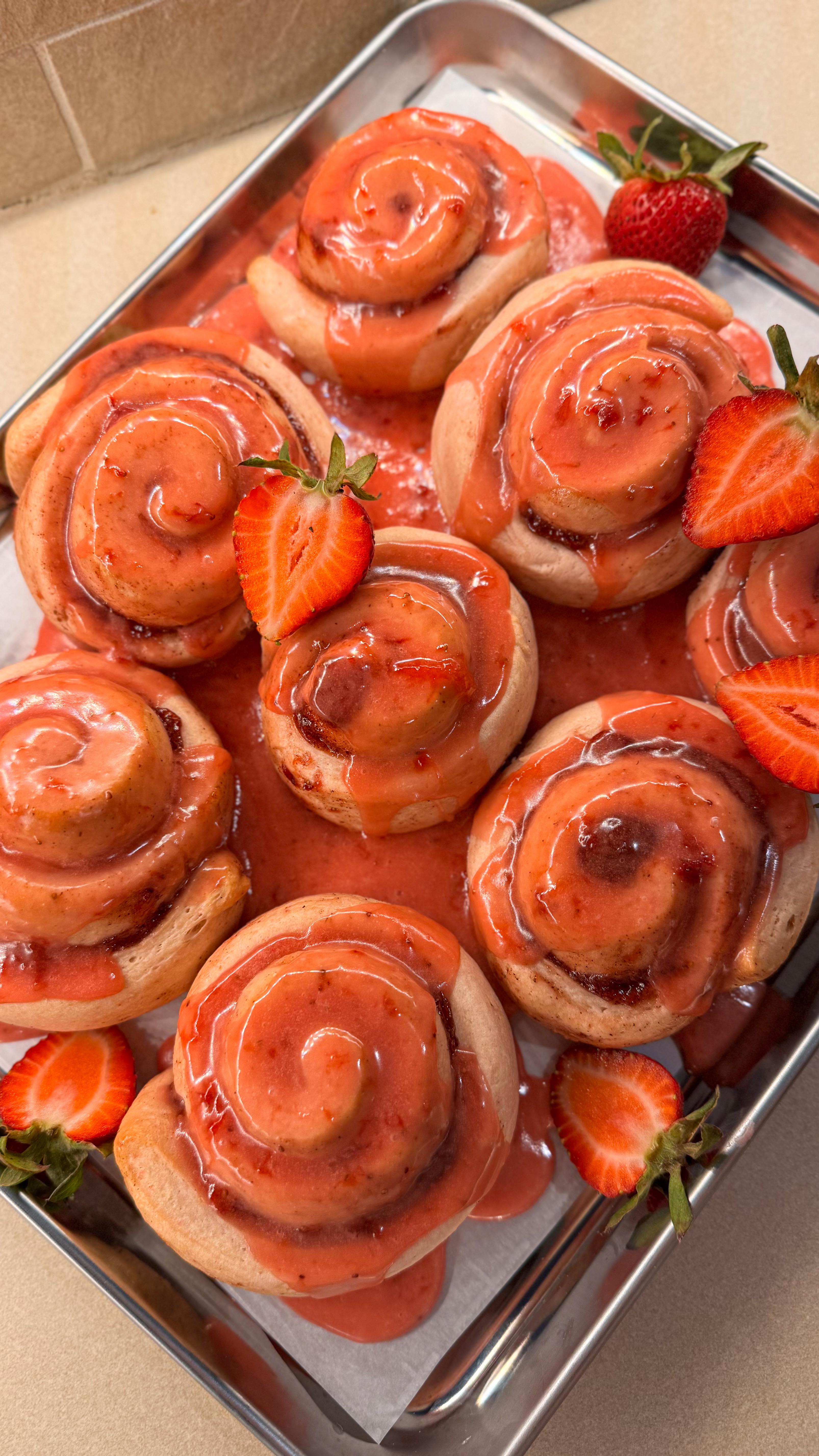 cinnamon rolls, but make them strawberry. 🍓🌀 filled with homemade strawberry jam and topped with the juiciest glaze — these are dangerously soft, sweet, and barely lasted the hour. 🤤

Full recipe: jenhdao.com/strawberry-cinnamon-rolls

Ingredients
•    Strawberry Jam 
1½ cups chopped strawberries 
⅓ cup sugar 
1 tbsp lemon juice
1 tbsp cornstarch + 1 tbsp water

•    Dough Ingredients
3½ cups all-purpose or bread flour
¼ cup granulated sugar
2¼ tsp instant yeast (1 packet)
1 tsp salt
1 large egg
½ cup almond milk + ¼ cup heavy cream 
1/4 tsp strawberry extract (optional)

•    Strawberry-Cinnamon Filling
¾ cup strawberry jam
¼ cup brown sugar
1 ½ tsp cinnamon
1 tbsp cornstarch

•    Strawberry Glaze
1 cup powdered sugar
2 tbsp strawberry jam
1 tsp vanilla extract
1/4 tsp strawberry extract (optional)

#strawberry #cinnamonrolls #brunchreel #fromscratchbakes #jam #strawberries #cinnamonroll #berryroll #cinnamon